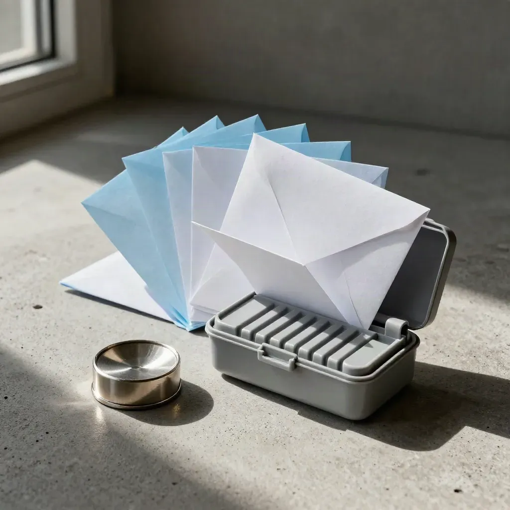 Pharmacy envelopes, pill sorter and metal paperweight on brushed concrete in dramatic light.