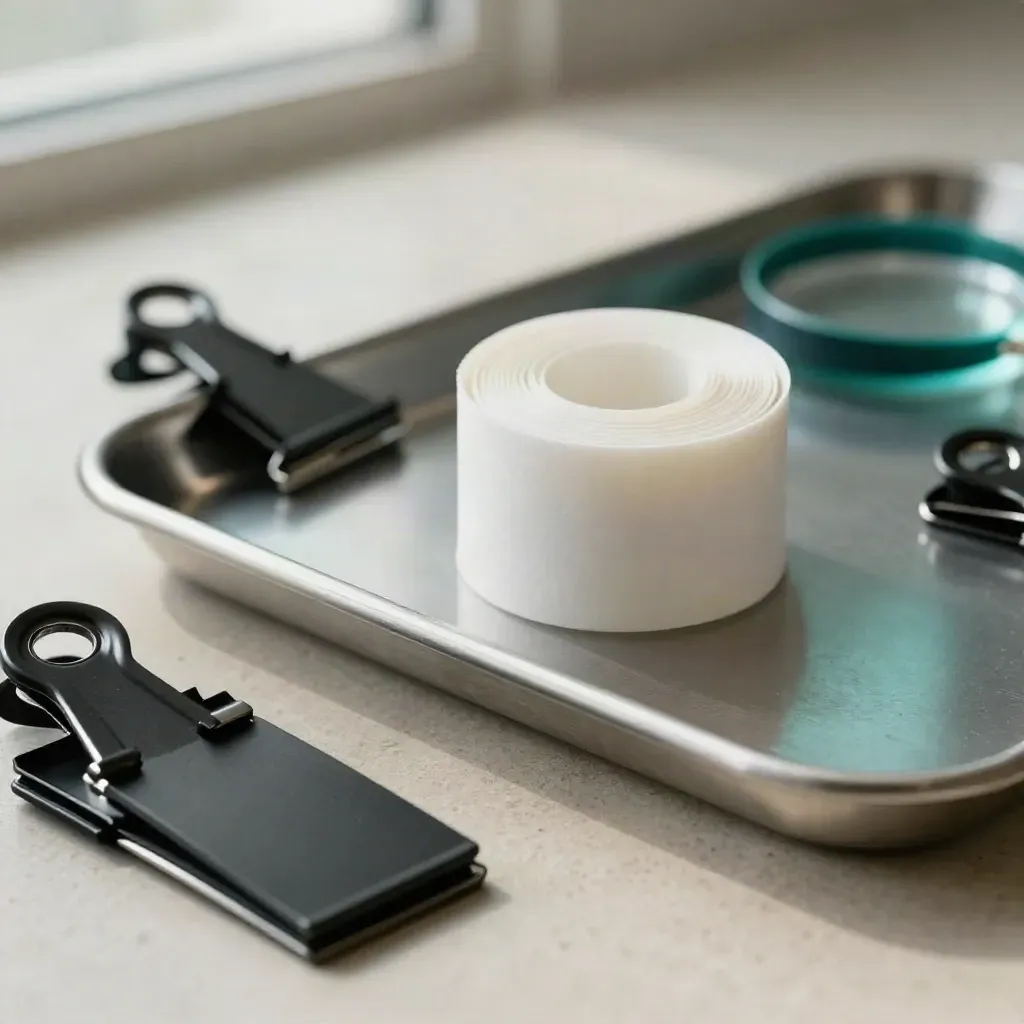 Matte badge clips, wristband roll and stainless tray edge on pale stone