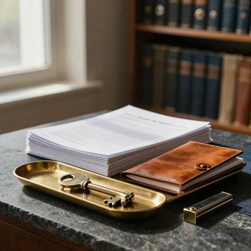 Brass key tray, leather folio, policy sleeves and stamp block on dark stone