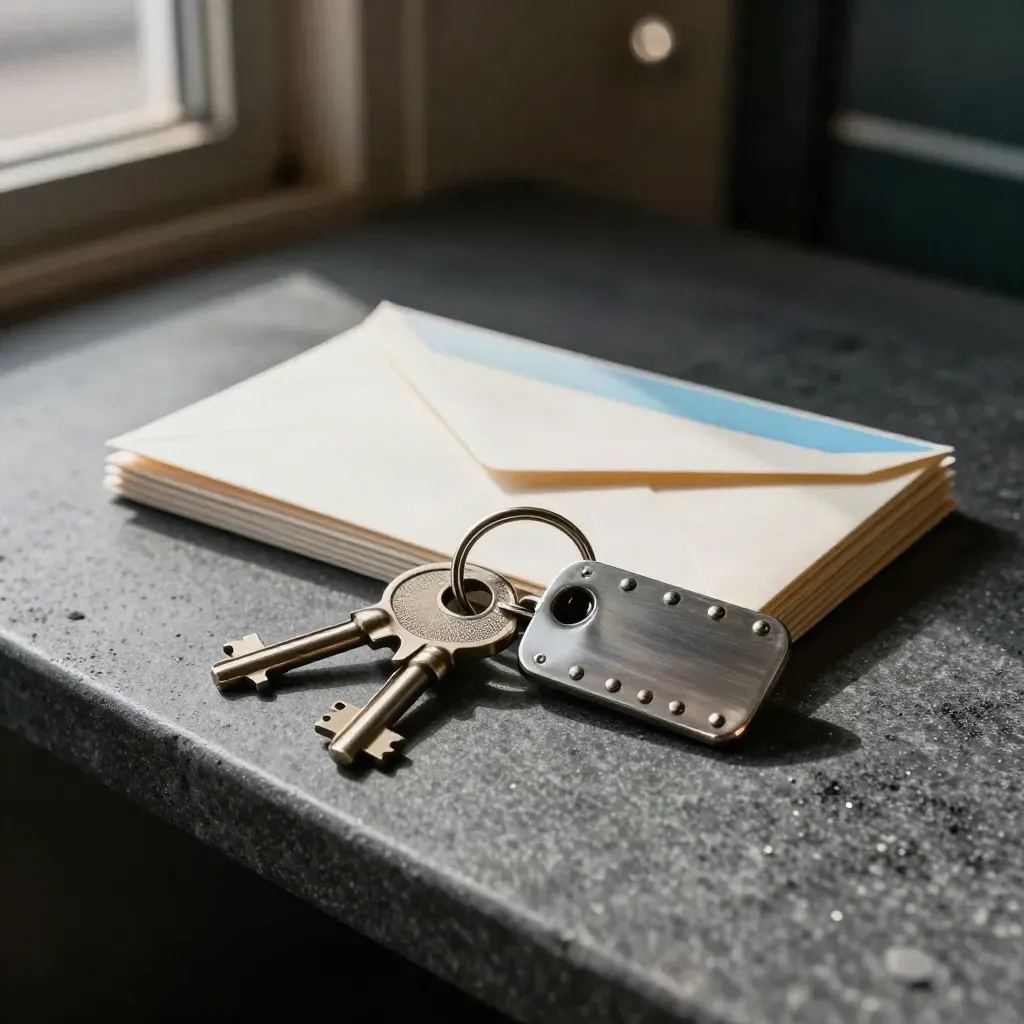 Rail badge holders, brass key ring, and blank envelopes on graphite stone under dramatic light.