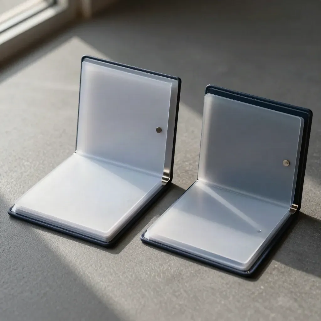 Two open benefits plan wallets with translucent inserts, metal divider, and sample card sleeve on graphite surface.