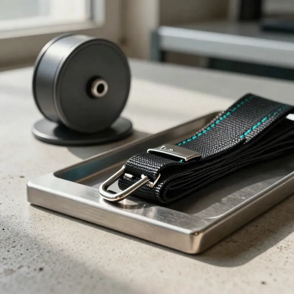 Macro of badge reels, safety lanyards and a steel clip tray on pale concrete.