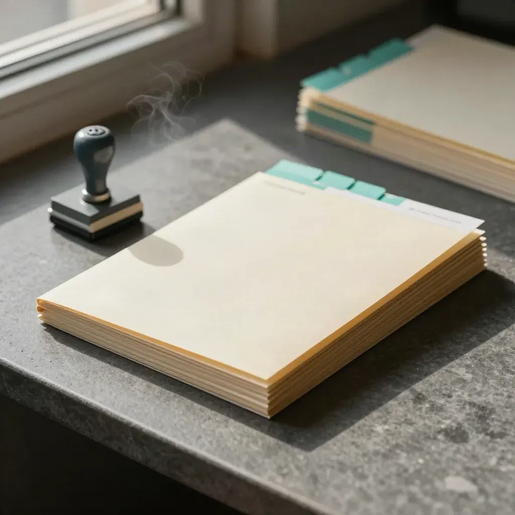 Benefits enrolment packets, stamp block and teal status tabs on grey stone under dramatic side light.