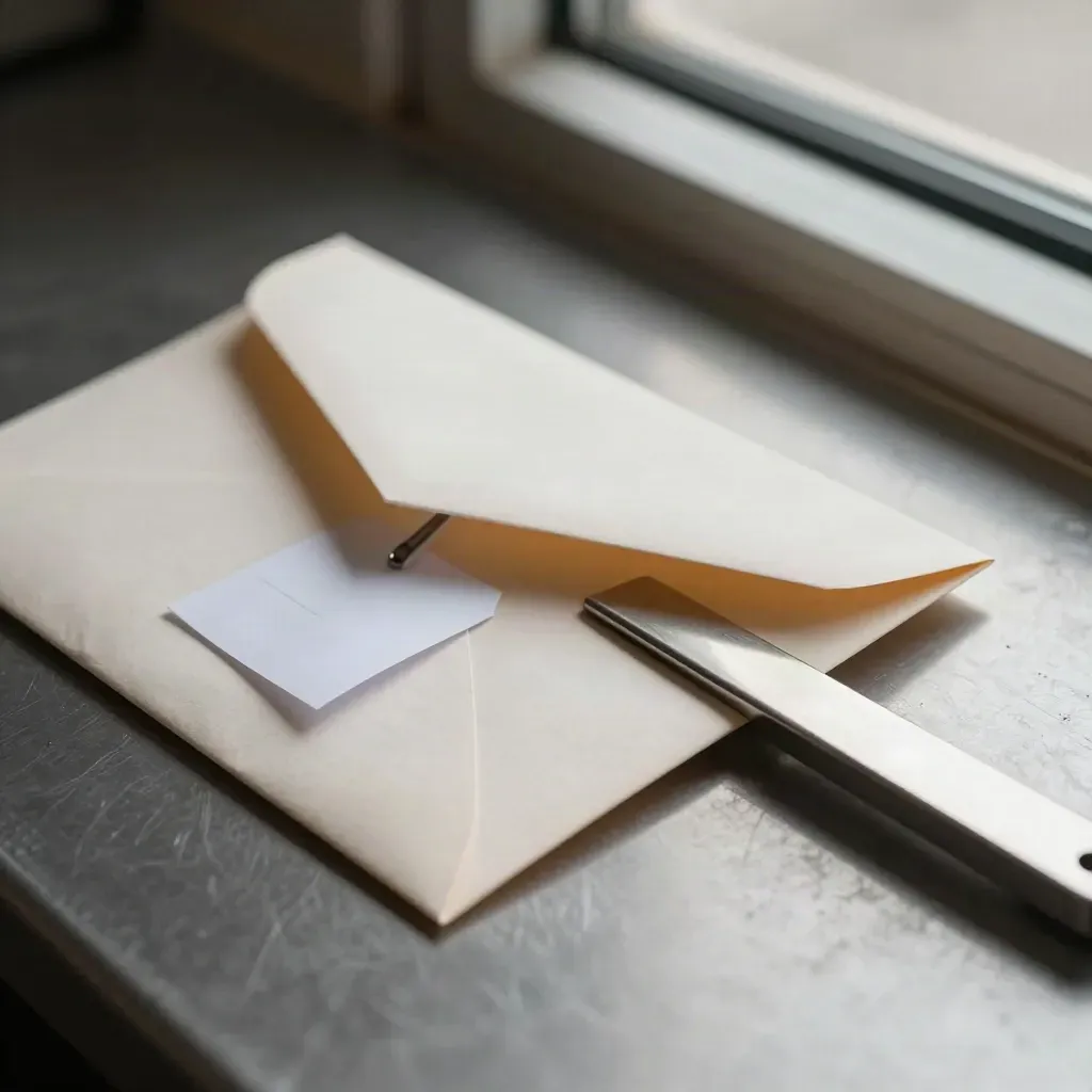 Receipt envelope with clipped follow-up tag and metal divider on brushed steel.
