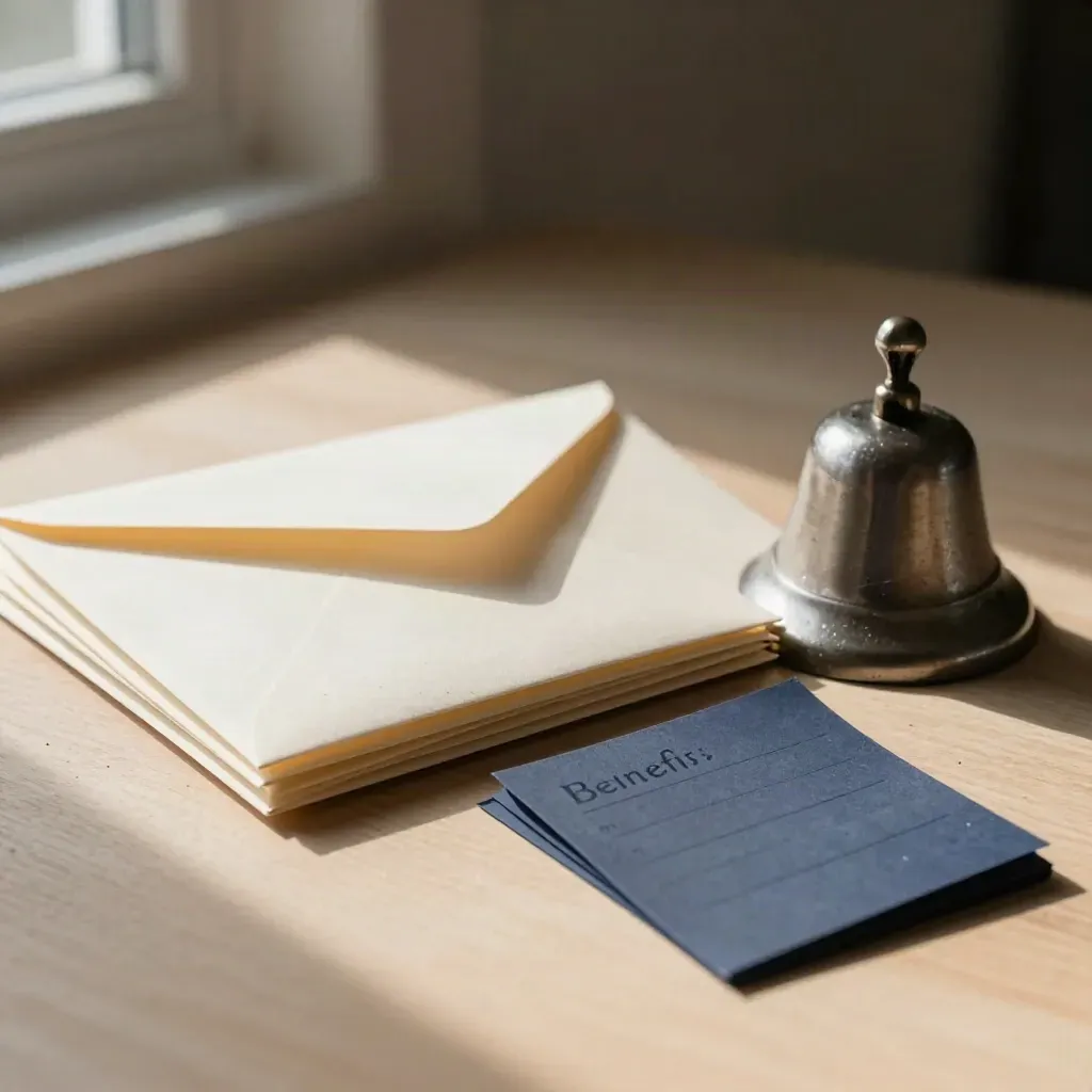 Blank envelopes, a desk bell, and navy reminder tabs on pale wood, softly lit.