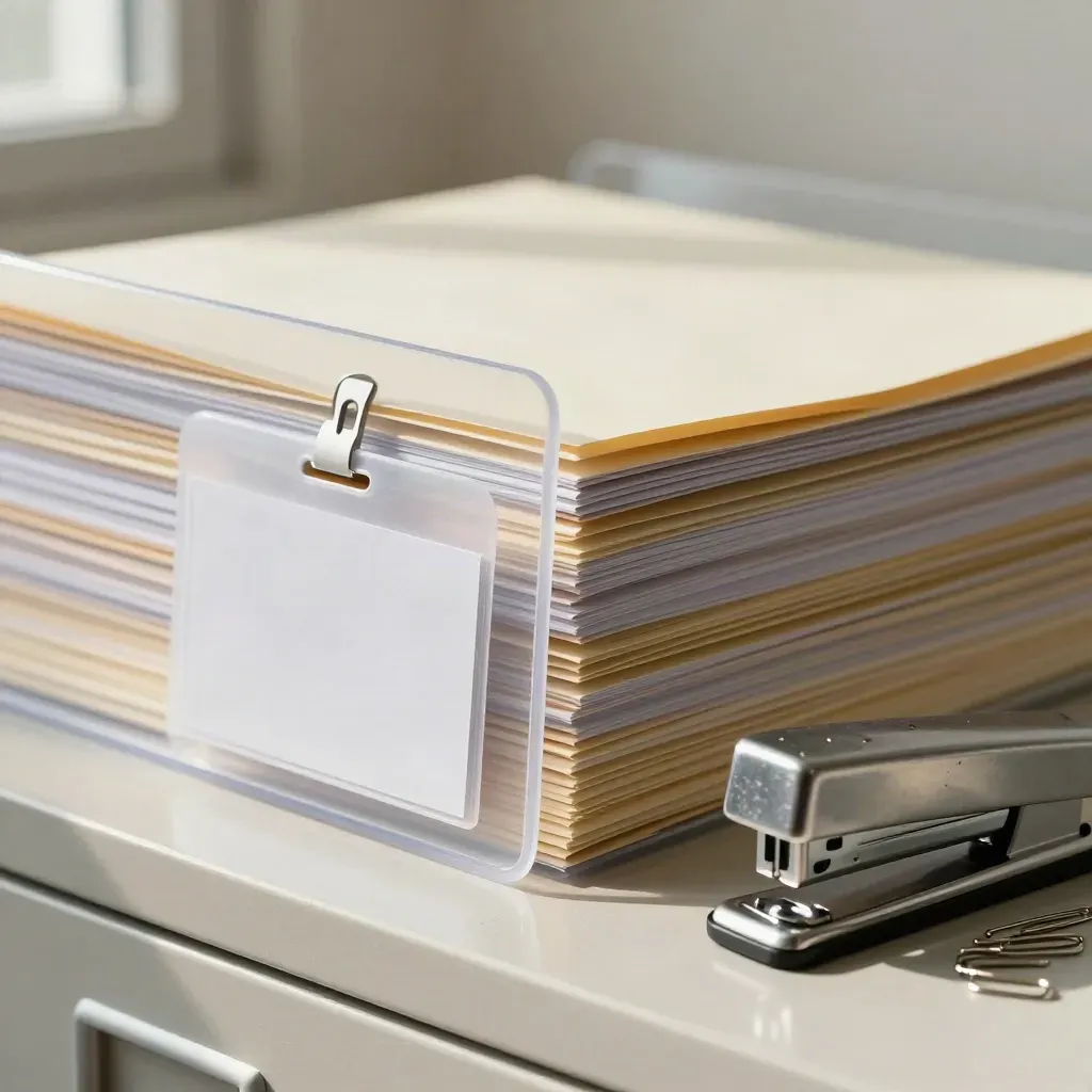 Clear file reveals stacked onboarding folders, badge sleeves, paper clips and stapler on an HR filing shelf.