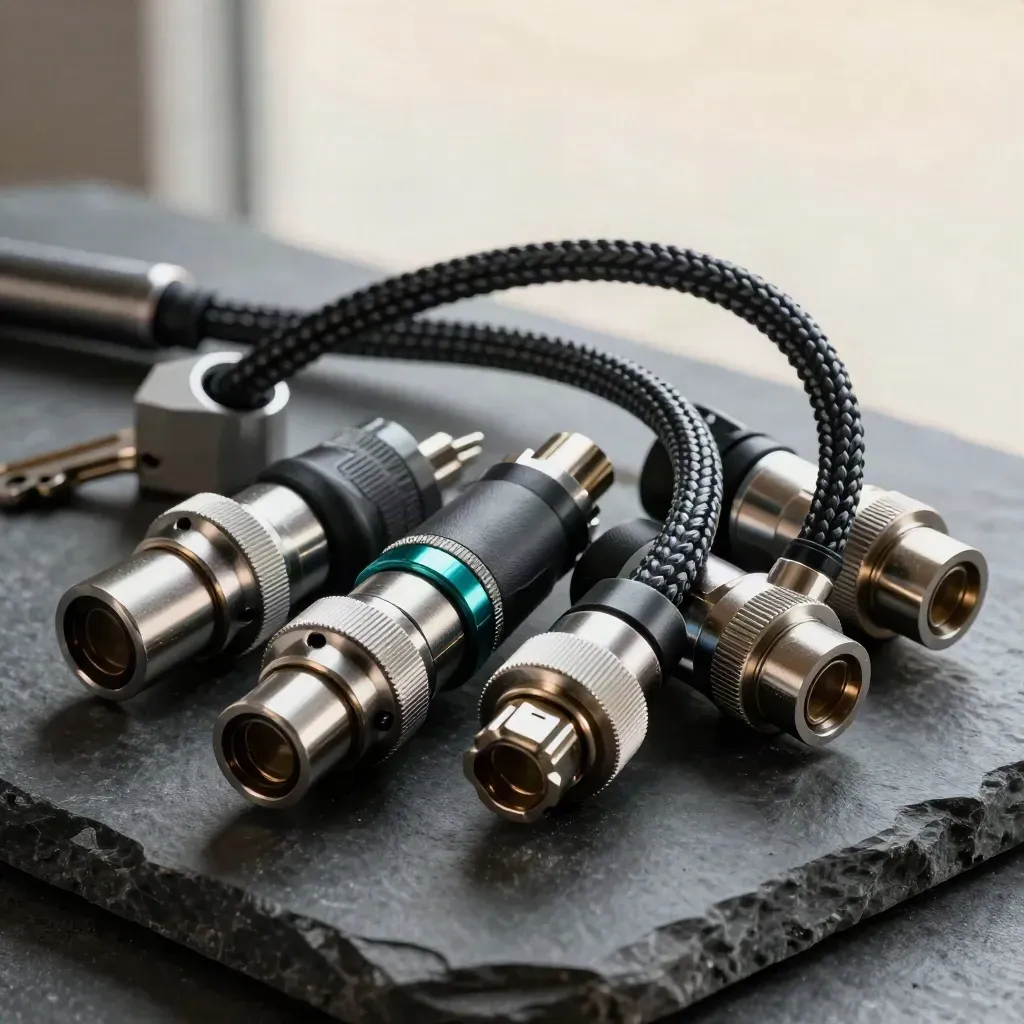 Metal adapter blocks and braided cables aligned on dark stone under dramatic light.