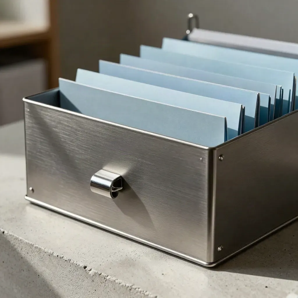 Macro of a graphite tiered file sorter with sky-blue folders and a paperweight on pale concrete.