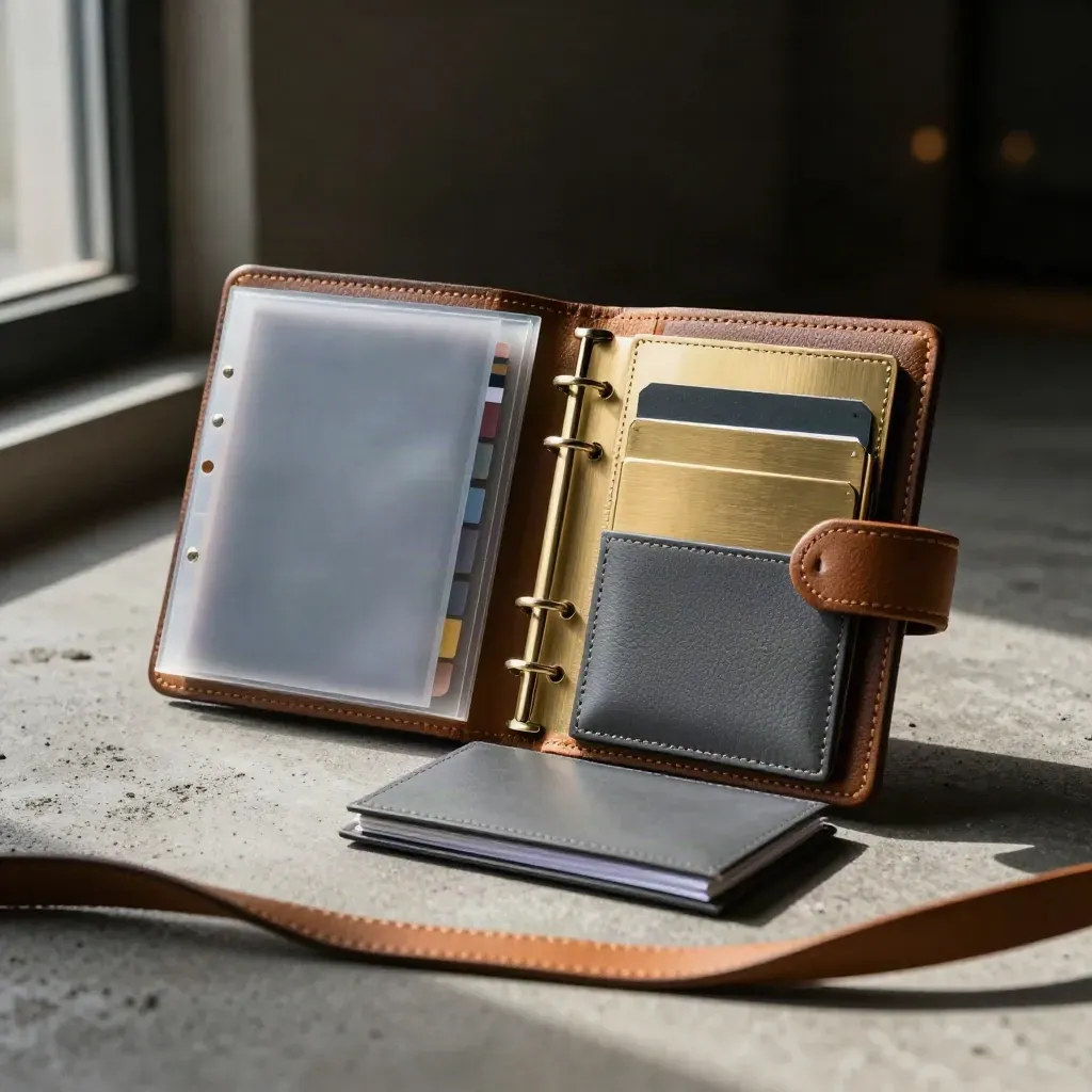 Broker portfolio still life with leather case, plan sleeves, brass dividers, and card holder on concrete.