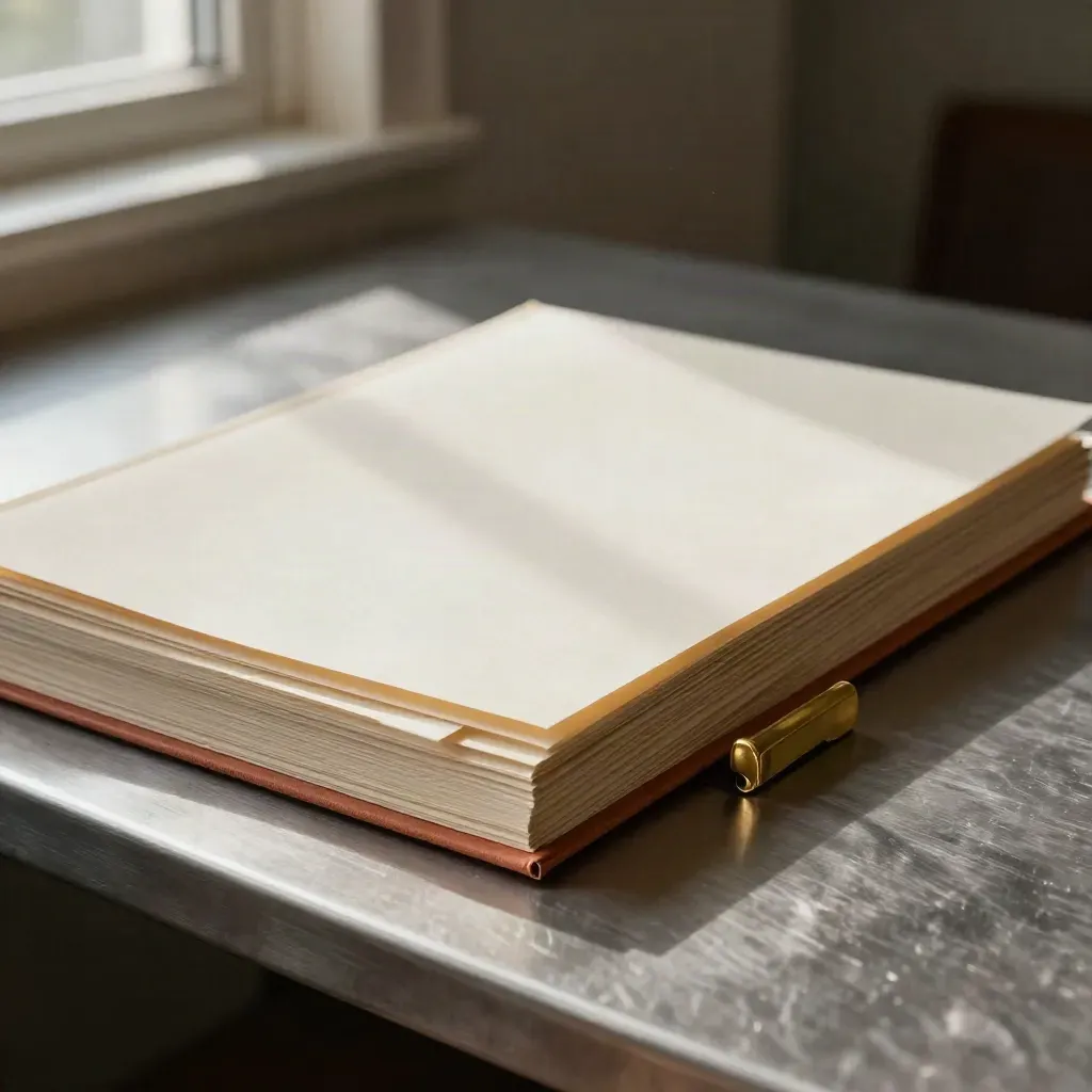 Brass divider and plan folios fanned on brushed metal in macro