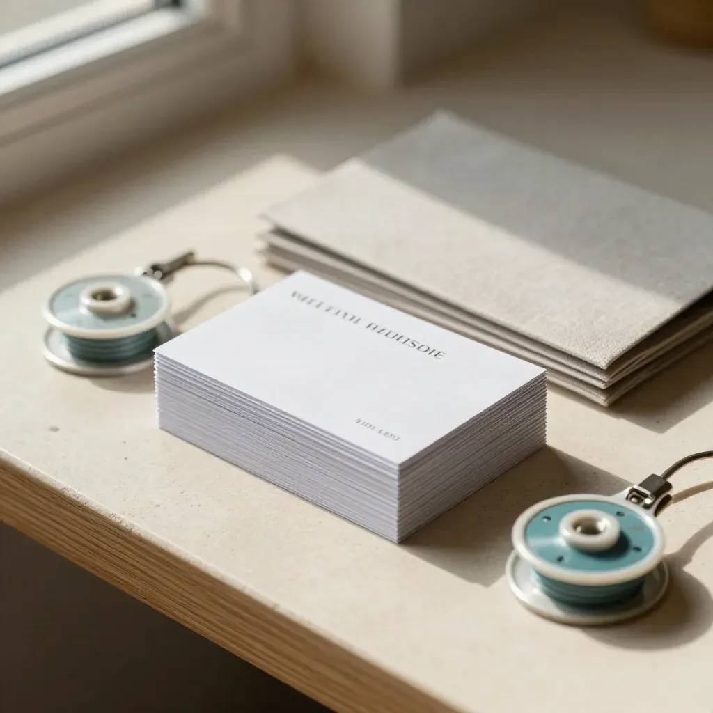 Top-down macro of benefits onboarding kits with badge reels and welcome packets on pale stone.