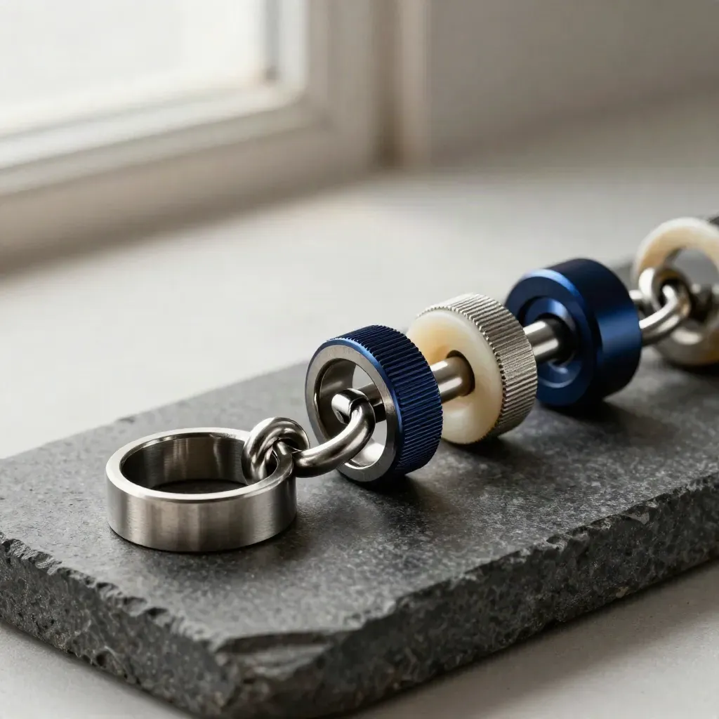 Machined rings and couplers linked on graphite stone, lit dramatically with navy accents.