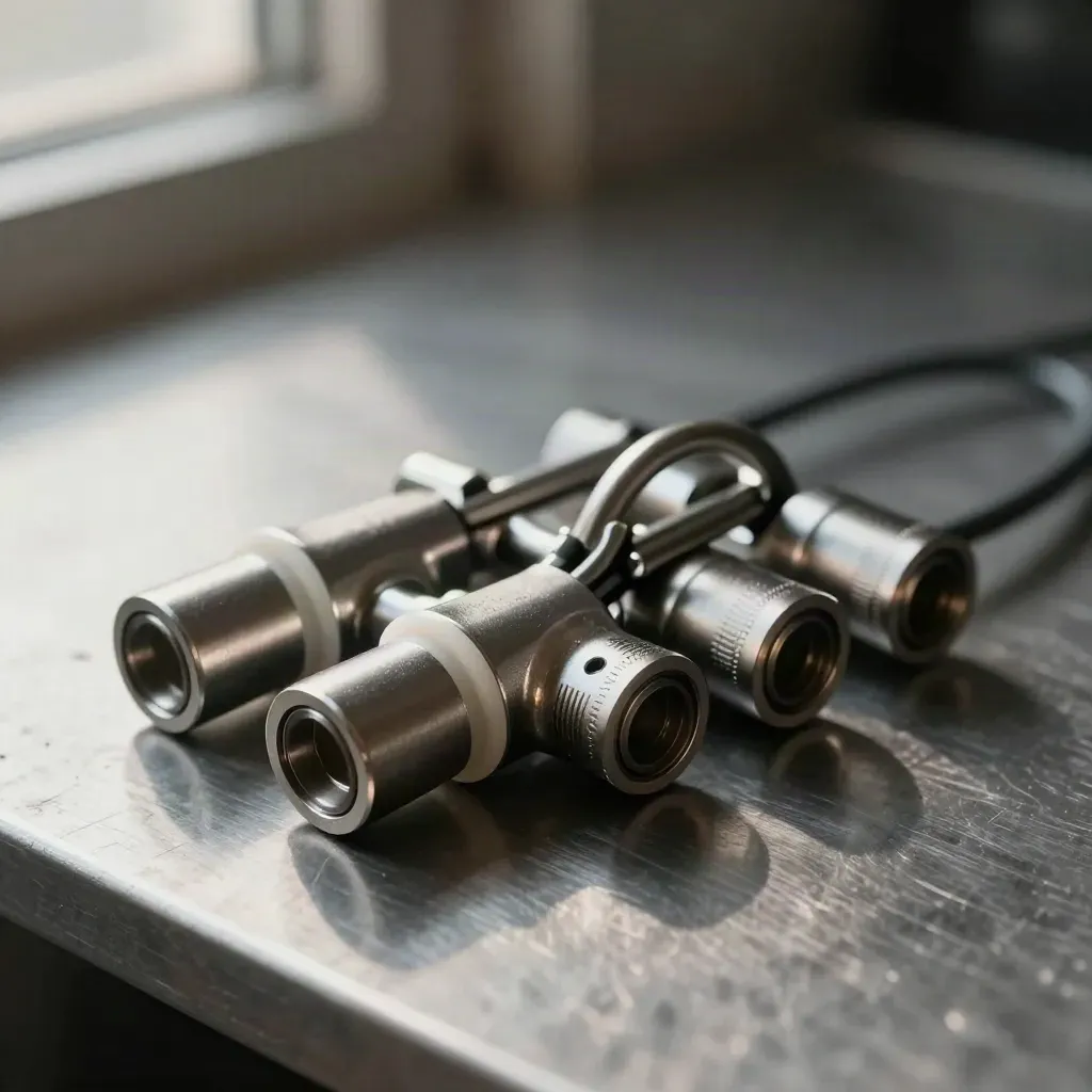 Brushed metal connectors and a cable loop on a graphite surface, lit by soft window light.