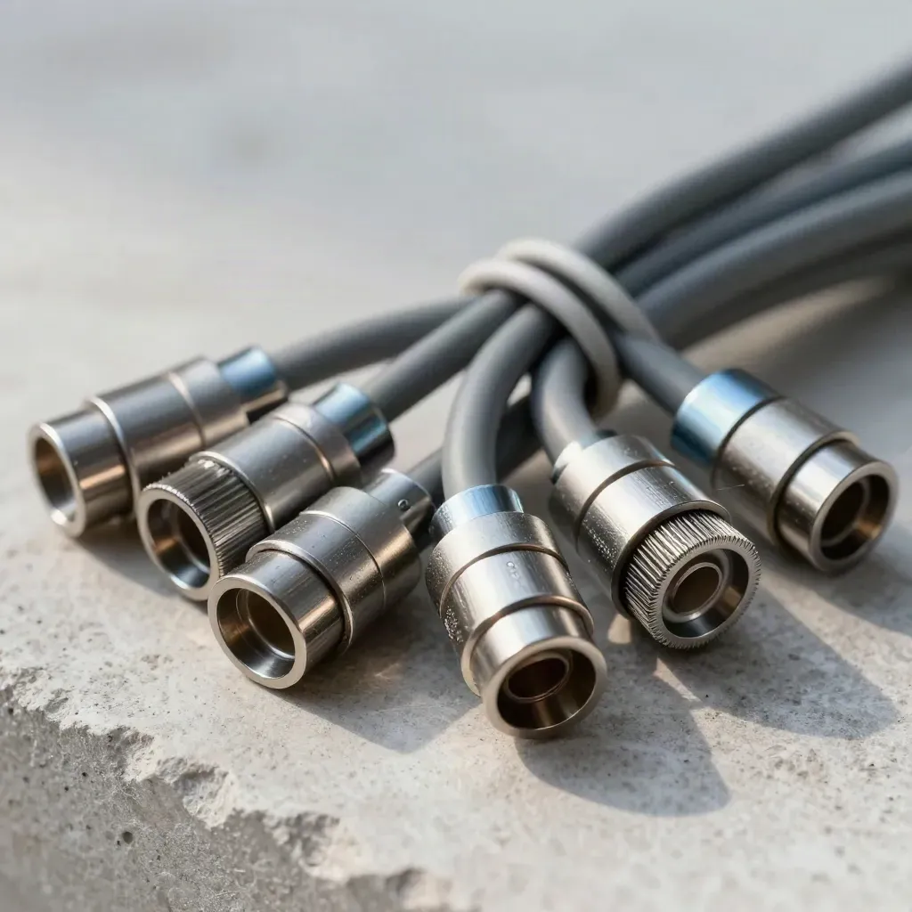 Brushed metal cable connectors on pale stone, skimming light and a sky-blue accent