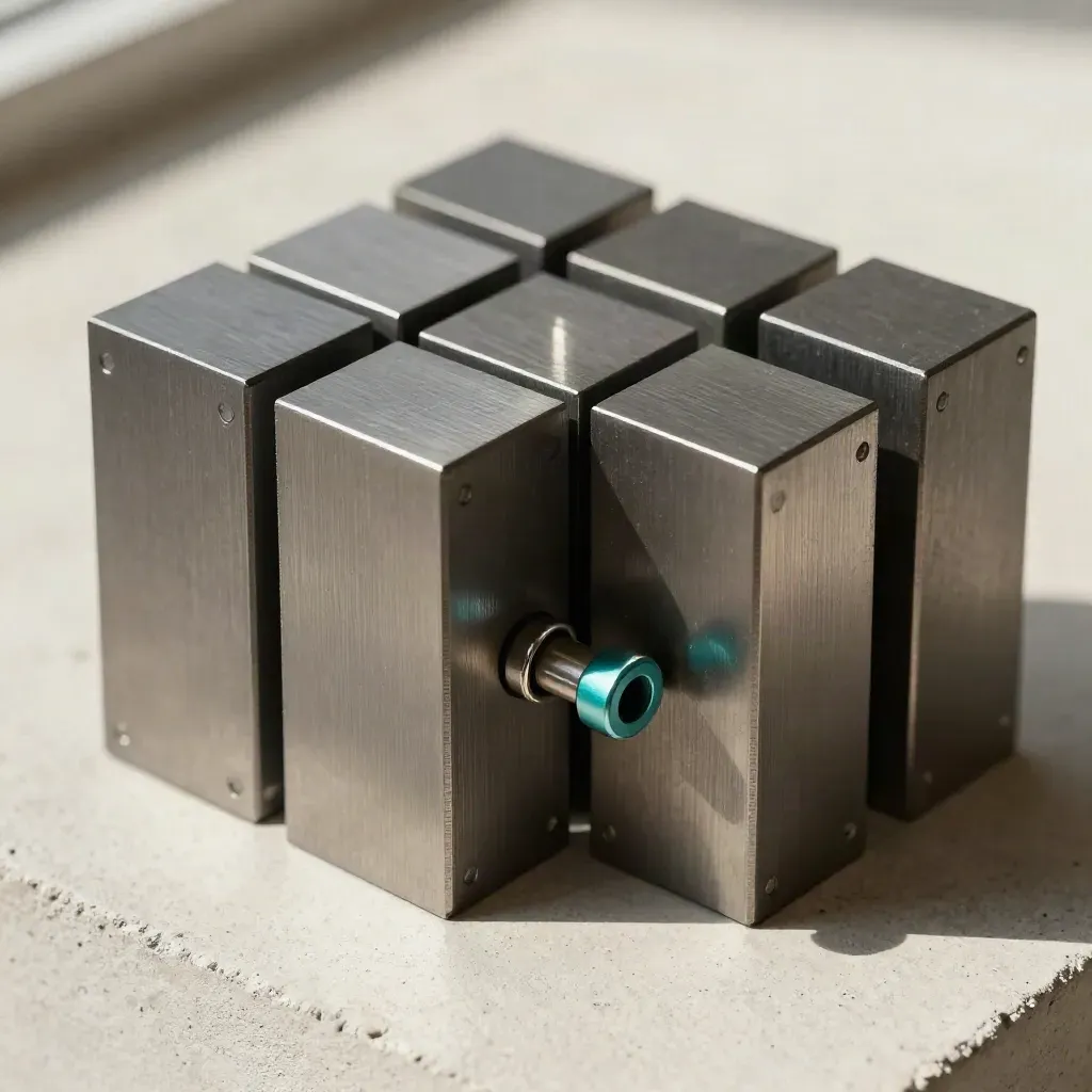 Top-down macro of interlocked metal blocks and a connector pin on pale concrete