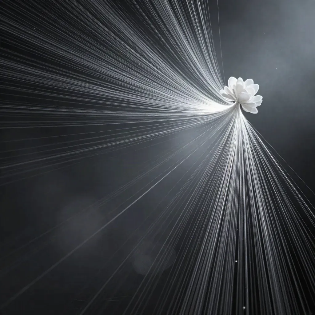 Silver light filaments converge into a white bloom in a dark graphite void.