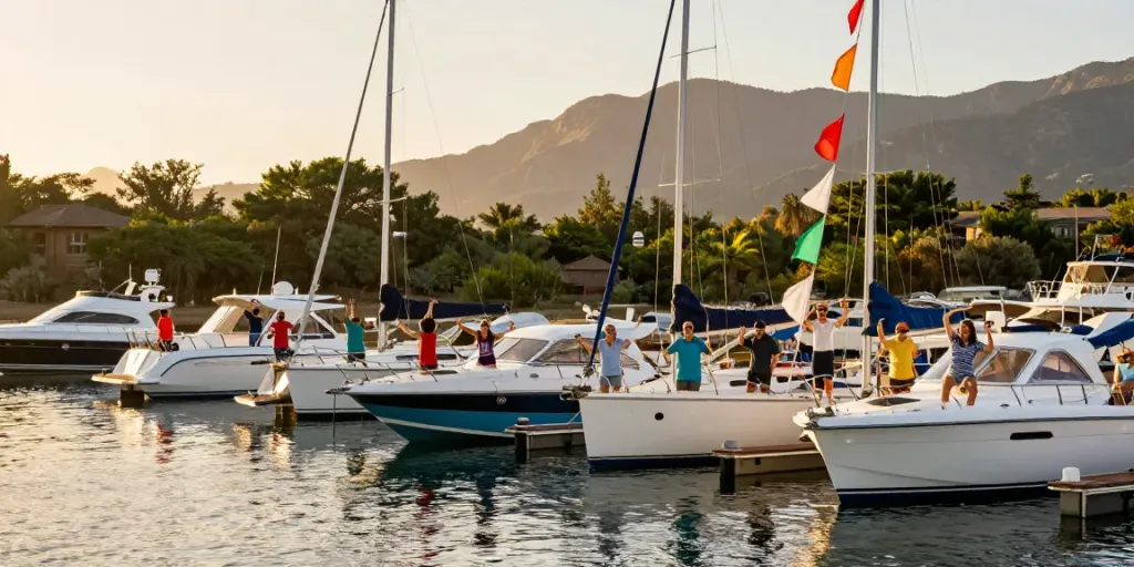Friends exploring boats for sale in a serene marina at sunset.